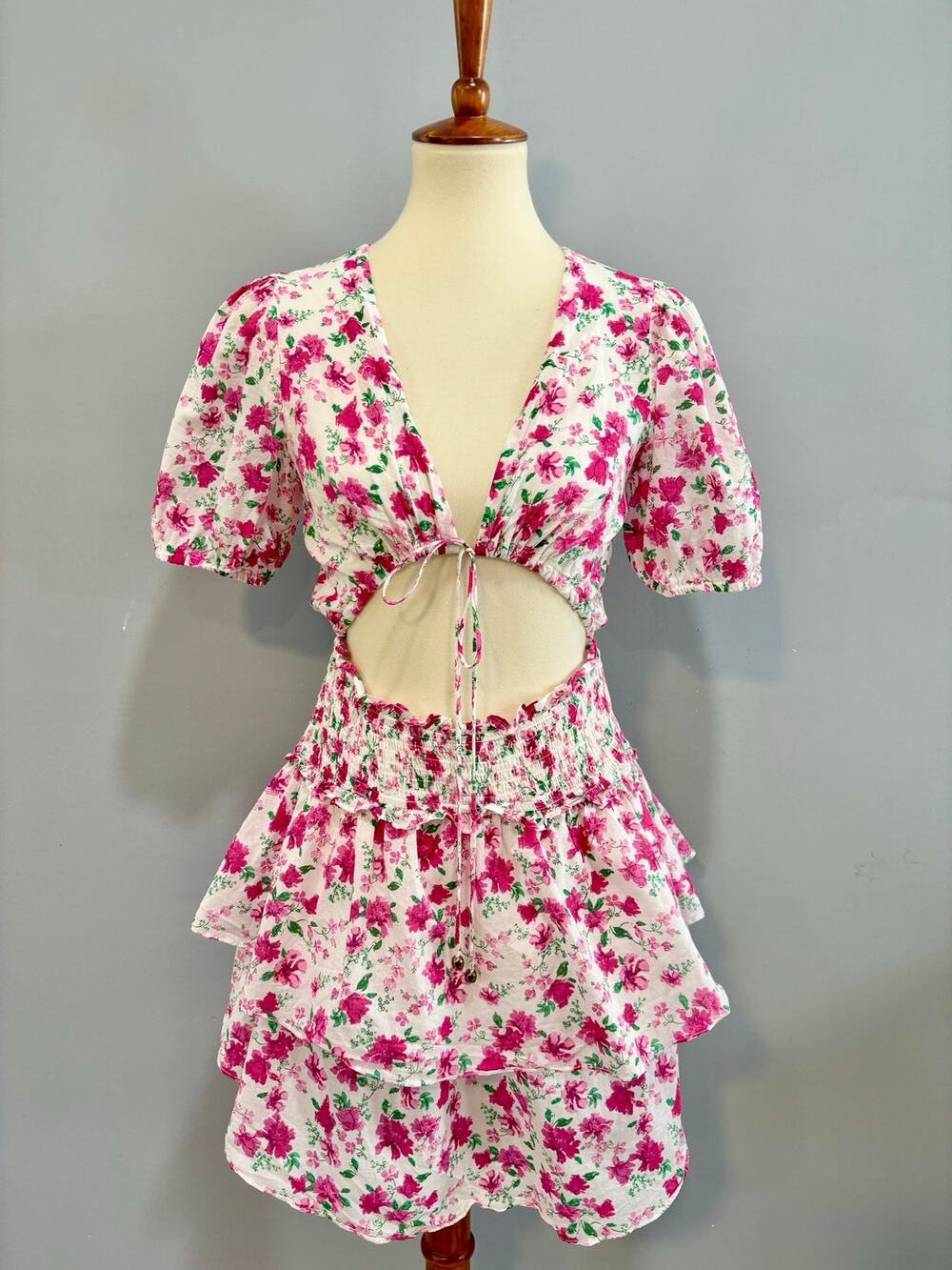 Flowy Floral Open Front Pink White Ruffle Boho Cottagecore Dress, Size S